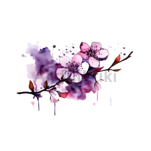 Akvarell Sakura-blomma Clipart: Rosa och lila körsbärsblommor PNG (digital nedladdning) bild 7