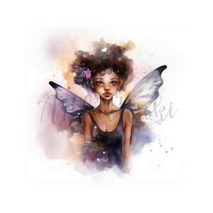 Aquarellporträts schöner schwarzer Frauen/Mädchen mit Schmetterlingsflügeln | Weißer Hintergrund PNG, 300 DPI, Sofortiger Download, druckbare Kunst