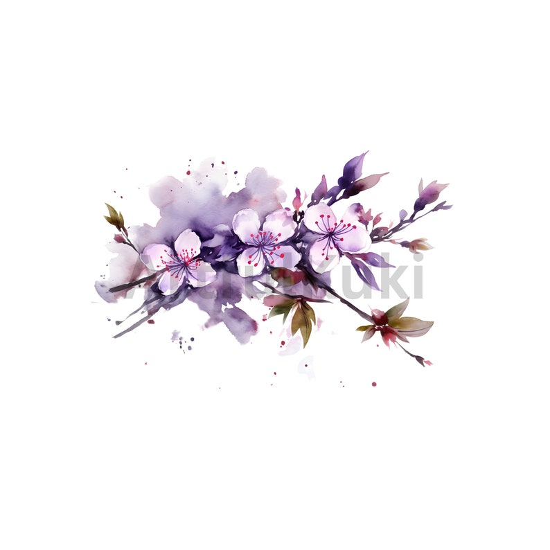 Akvarell Sakura-blomma Clipart: Rosa och lila körsbärsblommor PNG (digital nedladdning) bild 10