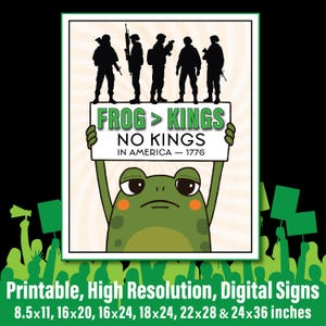 May include: A digital print featuring a green frog holding a sign that reads "FROG > KINGS, NO KINGS IN AMERICA - 1776." Silhouetted soldiers stand above the frog. The bottom of the print includes the text "Printable, High Resolution, Digital Signs" and size options in inches.