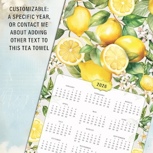 2026 Tea Towel Calendar, Lemons and Lemon Blossoms, Mediterranean Tea Towel, Holiday, Hellenic-inspired, New Years, or Hostess Gift (cotton)