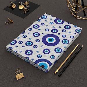 Greek Hardcover Journal with Iconic Evil Eye Protection Symbol, 5.75x8 inch, 150 page, 75 lined sheets, Gift for Writer, Journal Notebook