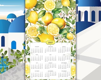2027 Tea Towel Calendar, Lemons and Lemon Blossoms, Mediterranean Tea Towel, Holiday, Hellenic-inspired, New Years, or Hostess Gift (cotton)