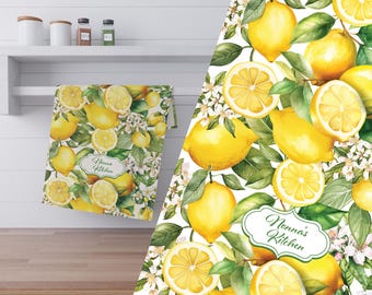 Personalisierbares Geschirrtuch mit Zitronen und Zitronenblüten, mediterran inspiriertes Geschirrtuch, Weihnachtsgeschenk, Neujahr oder Geschenk für Gastgeberinnen (Baumwolle)