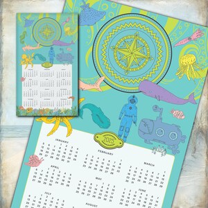 2025 Under The Sea Tea Towel Calendar, Vintage-inspired illustration, Holiday, New Years, or Hostess Gift, Cotton Hand Towel, Kitchen Linens