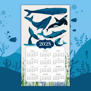 2025 Tea Towel Calendar, 5 Whale Illustrations in a Vintage-inspired Cape Cod Style, Holiday, New Years, or Hostess Gift, Cotton Hand Towel
