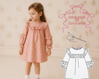 May include: A young child wearing a pink floral dress with ruffled collar and sleeves. The dress is paired with white socks and beige shoes. The image includes a line drawing of the dress pattern and text that reads "downloadable PDF 2 to 6 years old."
