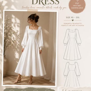 Patron de robe romantique à manches bouffantes. Robe de mariée. Robe d'invitée. Patron de couture. Patron de confection. Robe tendance.