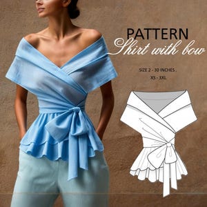 Peut inclure: Patron de couture pour une chemise avec un nœud. Le patron est disponible en tailles 2-30 pouces et XS-3XL. La chemise a un corsage style enveloppe et un bas à volants.