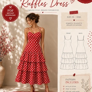 Modello di abito con volant. Abito da flamenco. Abito da sposa. Abito da invitata. Cartamodello di cucito. Cartamodello di sartoria. Abito estivo.