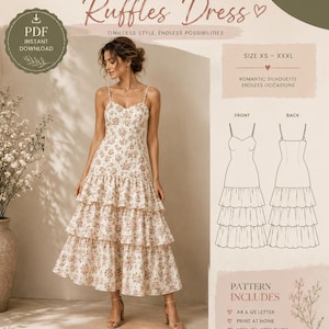 Modello di abito con volant. Abito da flamenco. Abito da sposa. Abito da invitata. Cartamodello di cucito. Cartamodello di sartoria. Abito estivo.