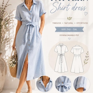 Könnte beinhalten: Ein hellblaues Hemdkleid mit klassischem Kragen, kurzen, hochgekrempelten Ärmeln und einem verstellbaren Bindegürtel. Das PDF-Schnittmuster enthält den Text: PATRONES CHULIS, PATTERN Shirt dress, TIMELESS, NATURAL, EFFORTLESS, SIZE 2XS - 5XL, DOWNLOADABLE PDF.