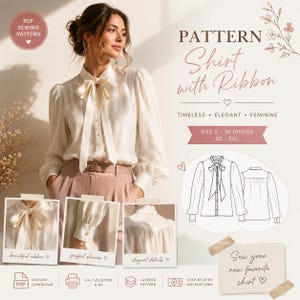 May include: A PDF sewing pattern for a cream-coloured long-sleeve shirt with a ribbon tie at the collar, buttoned cuffs, and puffed sleeves. The image includes text, a technical line drawing of the shirt, and three small photos showing details.