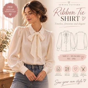 Peut inclure: Un patron de couture pour une chemise à manches longues avec un ruban à nouer au col. Le patron inclut un dessin technique montrant les vues avant et arrière, avec des tailles indiquées de 2-30 pouces et XS-3XL. Texte : PDF INSTANT DOWNLOAD.