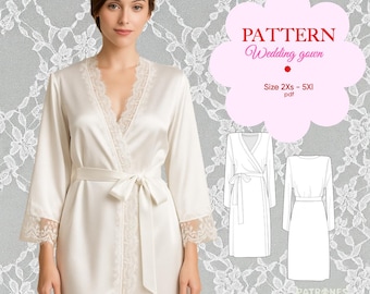 Könnte beinhalten: Elfenbeinfarbenes Satin-Brautkleid mit Spitzenbesatz am Ausschnitt und an den Ärmeln. Das Kleid hat ein Wickeldesign mit passendem Bindegürtel. Das Bild enthält auch ein Muster mit dem Text "PATTERN Wedding gown" und Größenangaben.