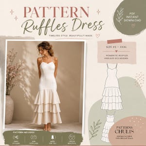 Może przedstawiać: Wykrój krawiecki sukienki o nazwie Pattern Ruffles Dress. Projekt przedstawia białą, długą sukienkę bez rękawów z dekoltem w kształcie serca i trzywarstwową spódnicą z falbanami. Zawiera rysunki techniczne oraz zakres rozmiarów od XS do XXXL.
