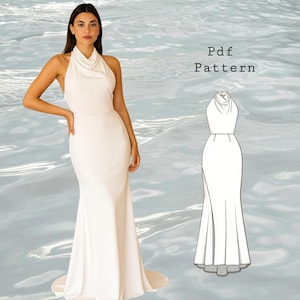 Puede incluir: Un vestido blanco con cuello halter, escote drapeado y silueta de sirena. El vestido presenta un corpiño ajustado y una falda fluida que se ensancha desde las rodillas. La imagen también incluye un dibujo lineal del vestido con el texto "Pdf Pattern".