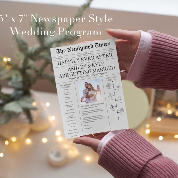 Newspaper Wedding Program Printable Wedding Programs - Newspaper Program Template For Instant Download PDF | Editable in Canva | 5" x 7"