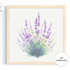 Acuarela Lavanda Patrón de punto de cruz Flor, Descarga instantánea Punto de cruz Descarga digital PDF Punto de cruz Floral
