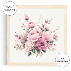 Pink Floral Bouquet Cross Stitch Pattern Flowers, Instant Download Cross Stitch Digital Download PDF Cross Stitch Floral