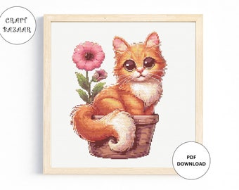 Ginger Cat Cross Stitch Pattern, Flower Pot Animal (Digital Download PDF)
