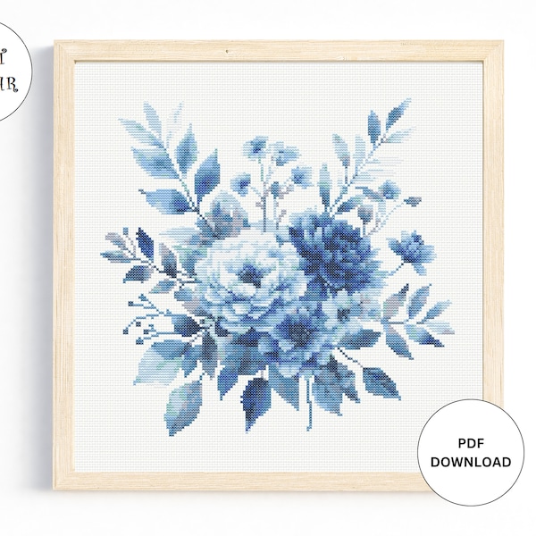 Blue Floral Bouquet Cross Stitch Pattern Flower, Instant Download Cross Stitch Digital Download PDF Cross Stitch Floral