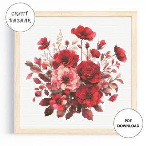 Red Floral Bouquet Cross Stitch Pattern Flower, Instant Download Cross Stitch Digital Download PDF Cross Stitch Floral