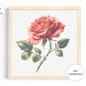 Watercolor Red Rose Cross Stitch Pattern Flower, Instant Download Cross Stitch Digital Download PDF Rose Cross Stitch Floral