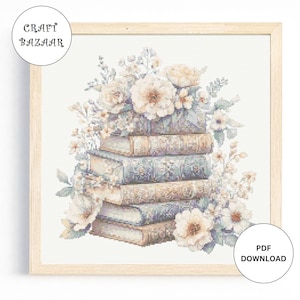 Stack of Books Cross Stitch Pattern, Books with Flowers, Instant Download Cross Stitch Digital Download PDF Cross Stitch Book Lover