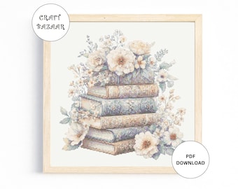 Stack of Books Cross Stitch Pattern, Books with Flowers, Instant Download Cross Stitch Digital Download PDF Cross Stitch Book Lover
