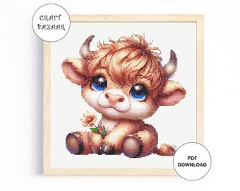 Schema punto croce mucca Highland Baby carino, animale, download immediato punto croce download digitale PDF punto croce per bambini