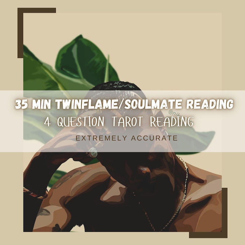Puede incluir: Ilustraci&oacute;n art&iacute;stica que presenta a una persona con una cadena y pulsera doradas. La imagen incluye el texto "35 MIN TWINFLAME/SOULMATE READING" y "4 QUESTION TAROT READING" con las palabras "EXTREMELY ACCURATE" debajo.
