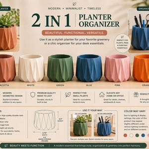 May include: A collection of modern, geometric 2-in-1 planters and organizers in various colors: terracotta, white, green, blue, pink, and orange. These versatile containers are perfect for plants, pens, and desk essentials. Each planter is approximately 3.75 inches wide and 3.5 inches high.
