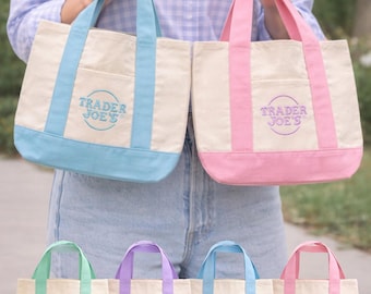 Trader Joe’s Mini Pastel Canvas Tote Bag, Non-Custom or Personalized Name Tote, Cute Aesthetic Small Bag, Custom Gift for Her