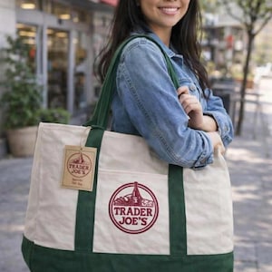 Trader Joe’s stor återanvändbar tygväska 20"x14.5" | Kraftig shoppingväska | Miljövänlig shoppingväska | Anpassad Trader Joe Lovers