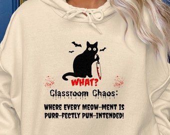 Black cat halloween teacher sweatshirt cat lover shirt fall sweatshirt halloween school hoodie black cat sweatshirt halloween costume group