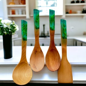 Handmade Emerald Gem Series 4 Piece Handcrafted Teak Wood Serving and Cooking Utensils Set, Home & Handcrafted Housewarming Kitchen Gifts,