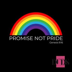 K&ouml;nnte beinhalten: Ein Regenbogenbogen mit dem Text "Promise not pride" und dem Bibelvers "Genesis 9:16" darunter.