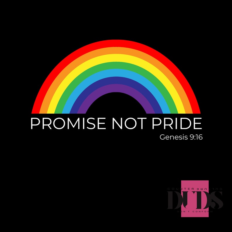 K&ouml;nnte beinhalten: Ein Regenbogenbogen mit dem Text "Promise not pride" und dem Bibelvers "Genesis 9:16" darunter.