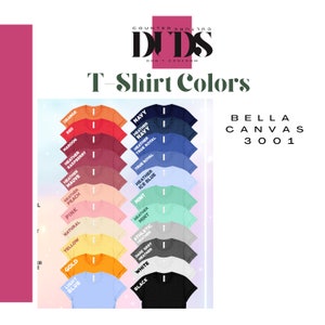 K&ouml;nnte beinhalten: Eine Tabelle, die die verschiedenen Farben der Bella Canvas 3001 T-Shirts zeigt. Die Farben umfassen Orange, Rot, Maroon, Heather Raspberry, Heather Mauve, Heather Peach, Pink, Natur, Gelb, Gold, Hellblau, Marine, Heather Navy, True Royal, True Royal, Heather Ice Blue, Mint, Heather Mint, Athletic Heather, Dark Grey Heather, Wei&szlig; und Schwarz.