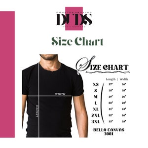 K&ouml;nnte beinhalten: Gr&ouml;&szlig;entabelle f&uuml;r ein schwarzes T-Shirt mit Ma&szlig;en in Zoll. Die Tabelle zeigt die L&auml;nge und Breite des Shirts in den Gr&ouml;&szlig;en XS, S, M, L, XL, 2XL und 3XL. Die Tabelle enth&auml;lt auch den Text "BELLA CANVAS 3001".