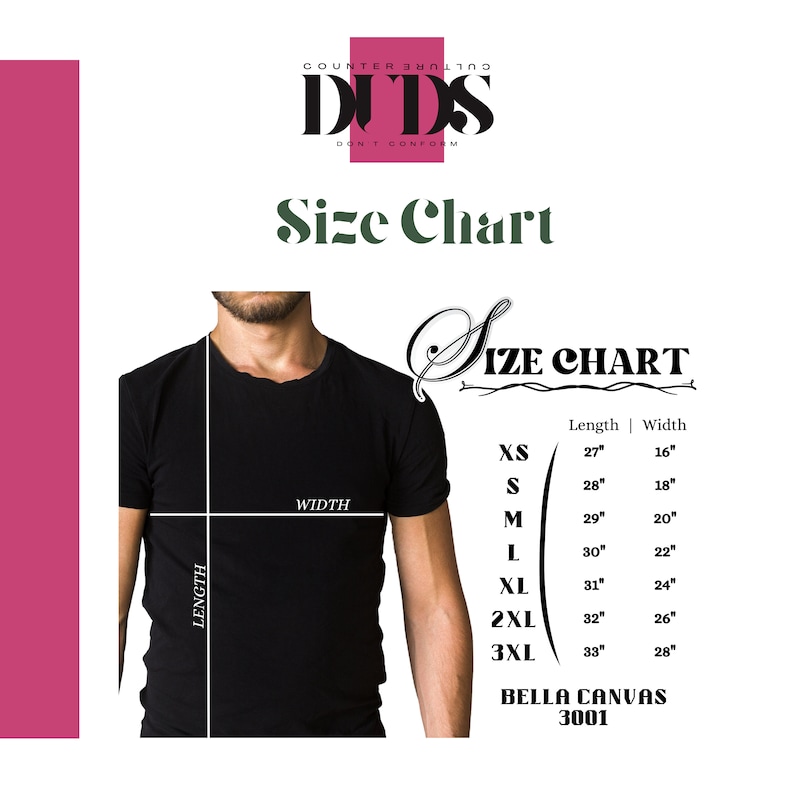 K&ouml;nnte beinhalten: Gr&ouml;&szlig;entabelle f&uuml;r ein schwarzes T-Shirt mit Ma&szlig;en in Zoll. Die Tabelle zeigt die L&auml;nge und Breite des Shirts in den Gr&ouml;&szlig;en XS, S, M, L, XL, 2XL und 3XL. Die Tabelle enth&auml;lt auch den Text "BELLA CANVAS 3001".