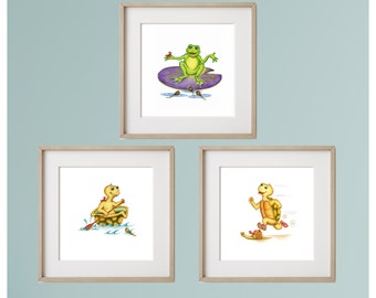 Turtles, Frogs, Snails, Pollywogs and Mr. Book Worm. Nursery Wall Art, Baby Shower Gift, Childs Room Art, Set of 3 Giclee Prints