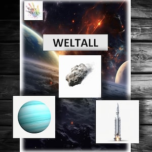 May include: A digital illustration of a space scene with a large asteroid, a planet, and a rocket ship. The text "WELTALL" is displayed in a white box.