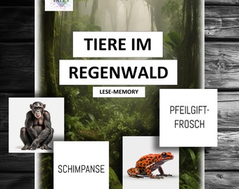 Może przedstawiać: Plakat z tekstem "TIERE IM REGENWALD" i "LESE-MEMORY" na tle sceny lasu deszczowego. Zawiera obrazy szympansa i czerwono-czarnej żaby strzałkowej, ze słowami "SCHIMPANSE" i "PFEILGIFTFROSCH".