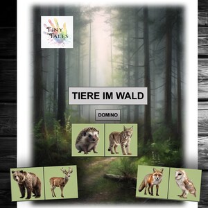 Domino Wald Tiere Kinder Schule Spielen Lernen Zuordnen Gedächtnis Kognitiv Montessori Gesellschaftsspiel Karten Natur Bäume Draußen Hirsch