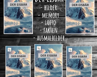 Puede incluir: Un conjunto de seis hojas de actividades imprimibles con un oso polar en un paisaje nevado. Las hojas incluyen imágenes, juegos de memoria, lotería, datos y páginas para colorear. El título del conjunto es "Der Eisbär" en alemán.