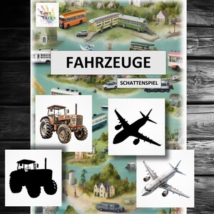 May include: A shadow matching game for kids featuring a tractor, airplane, and their silhouettes. The game is titled "Fahrzeuge Schattenspiel" which translates to "Vehicles Shadow Game".