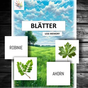 Puede incluir: Un conjunto de tarjetas con imágenes de hojas y sus nombres en alemán. Las palabras son "Robinie" y "Ahorn". El título de las tarjetas es "Blätter Lese-Memory".