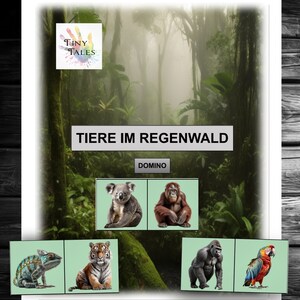 Puede incluir: Un juego de dominó colorido con animales de la selva tropical. El juego incluye un camaleón, un tigre, un gorila, un loro, un koala y un orangután. El juego se titula "TIERE IM REGENWALD" y "DOMINO".